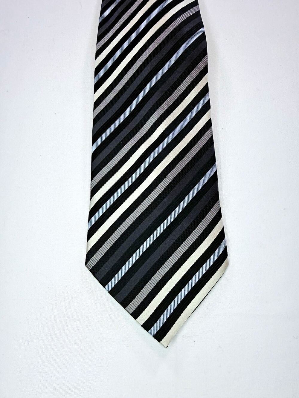 Valerio Garati 100% Silk Striped Woven Tie Black Gray White Pointed